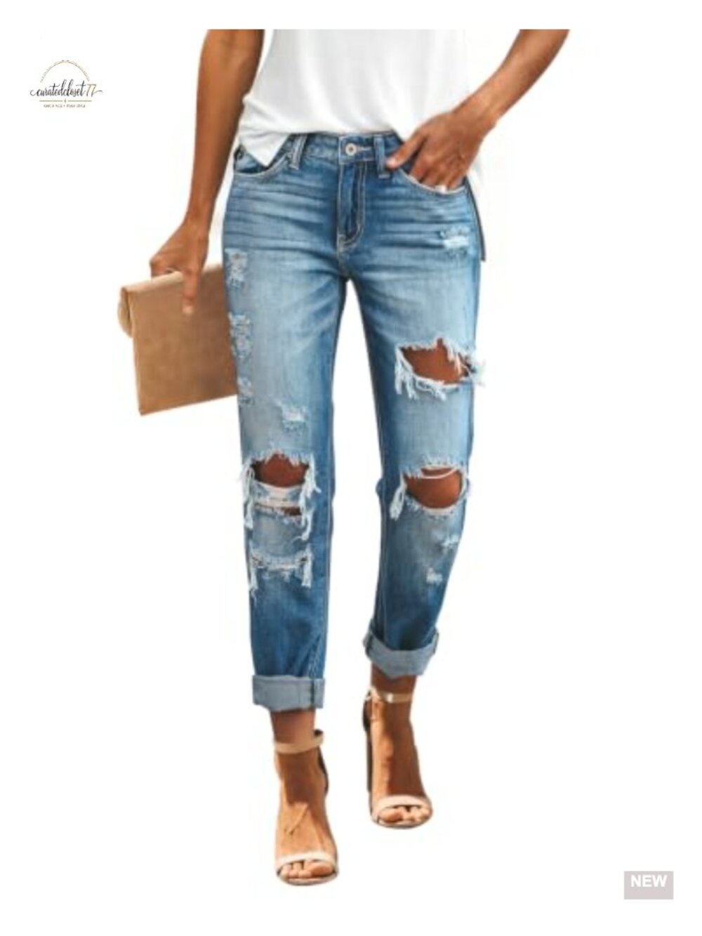 Women's Boyfriend Ripped Mid Waisted Stretchy Distressed Jeans